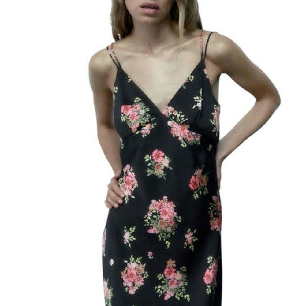 ZARA Floral Sleeveless Black Pink Midi Slip Dress Romantic Size S - Picture 5 of 16